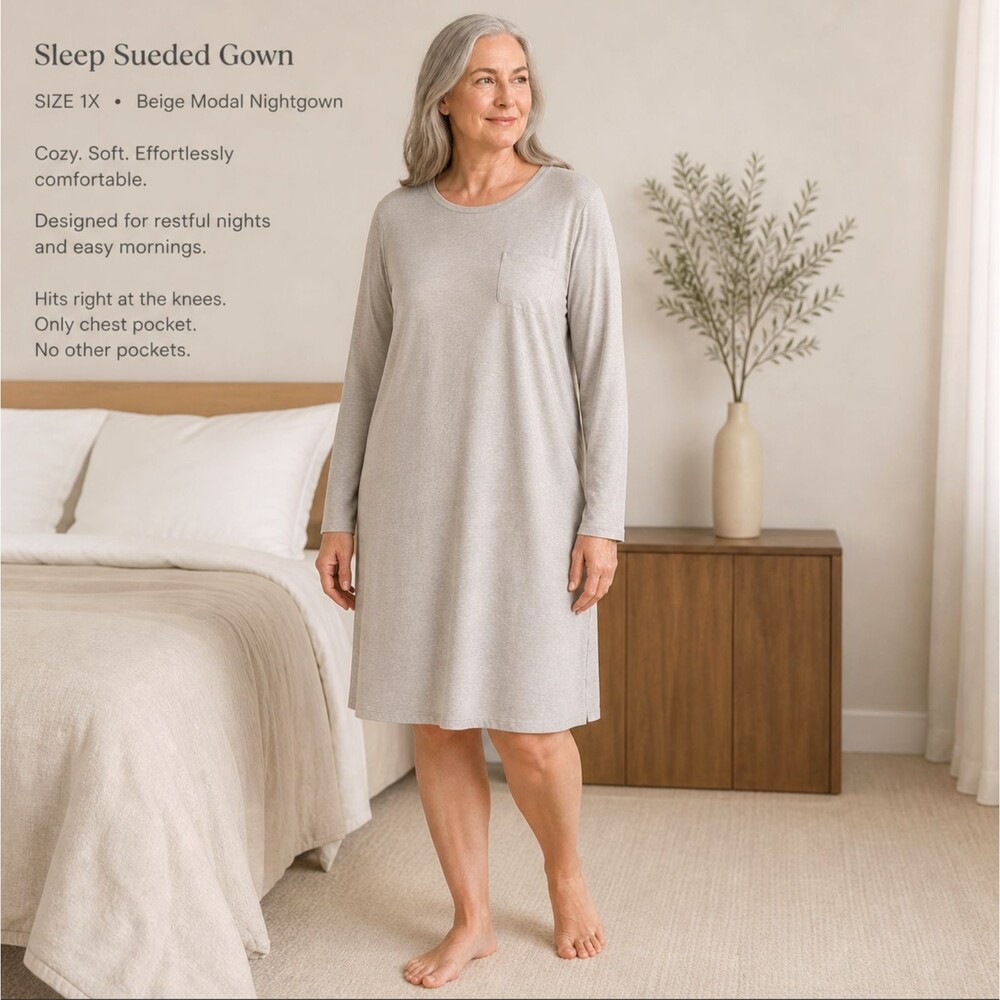 Pure Jill Sleep Sueded Gown 1X Beige Nightgown Soft Cozy Lounge Dress Cotton EUC